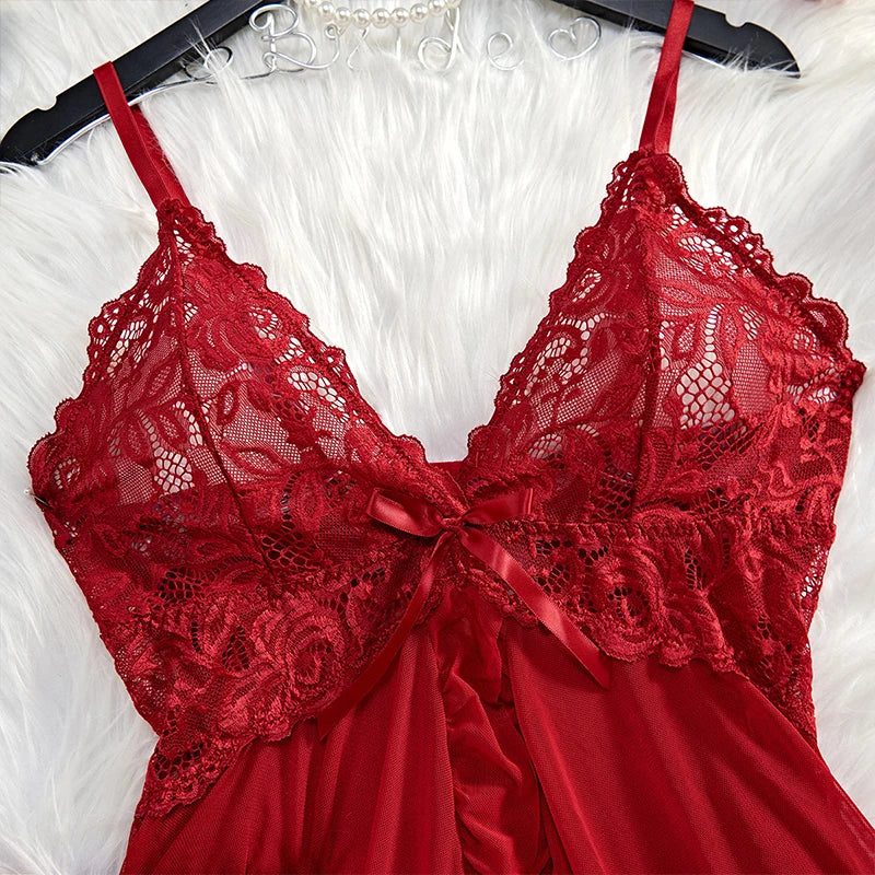 Red Transparent Sexy Lingerie Women's Underwear See Through Sleepwear Lace Nightdress Panty Pijamas Sets Hot Female Night Dress