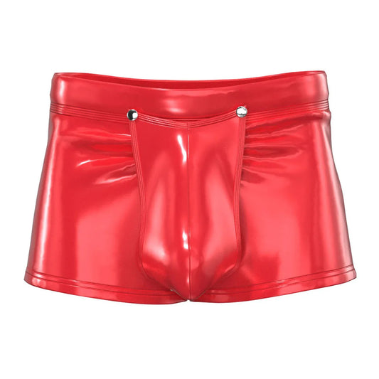 Sexy Men's Low Waisted Faux Leather Boxer Press Button Red Pouch Men Lingerie Shorts Slim Cut Underpants Underwear Plus Size