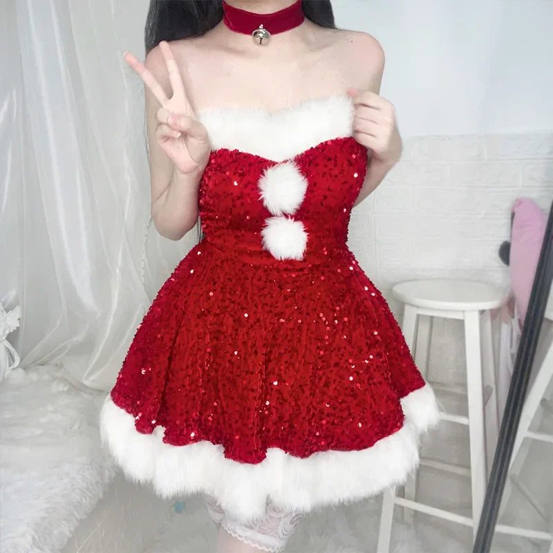 2024 Christmas Dress Sexy Pink Red Sequins Lingerie Dress Bunny Girl Off Shoulder Anime Santa Claus Princess Cosplay Costumes