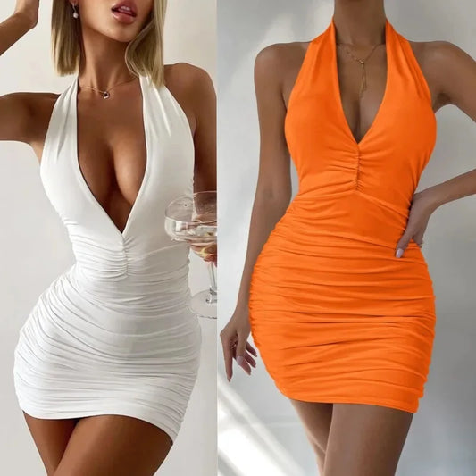 Sexy Deep V-Neck Halter Bare Back Mini Dress Elegant Solid-Color Fitted Off-Shoulder Pleated Dress Fashion Women's Evening Gown
