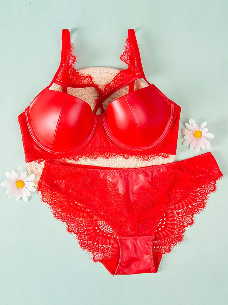 Red Pu leather bra underpants sexy hollow large size underwire glossy lingerie set upper thin lower thick bralette briefs set