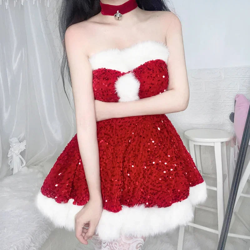 2024 Christmas Dress Sexy Pink Red Sequins Lingerie Dress Bunny Girl Off Shoulder Anime Santa Claus Princess Cosplay Costumes