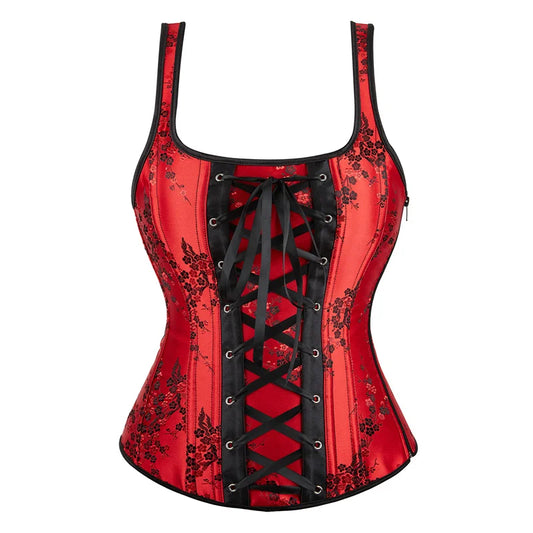 Corset Top Bustier Strap Embroidery Flower Plus Size Overbust Corselet Burlesque Sexy Lingerie Women Red Black DropShipping