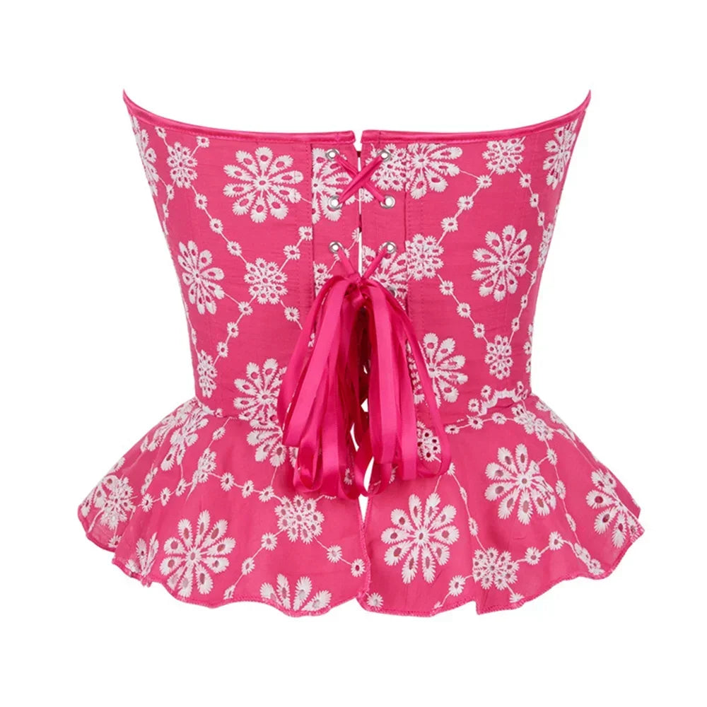 Sexy Rose Red With Satin Skirt Hem Decorated Retro Corset Tops Women Lingerie Body Shaper Overbust Bustiers