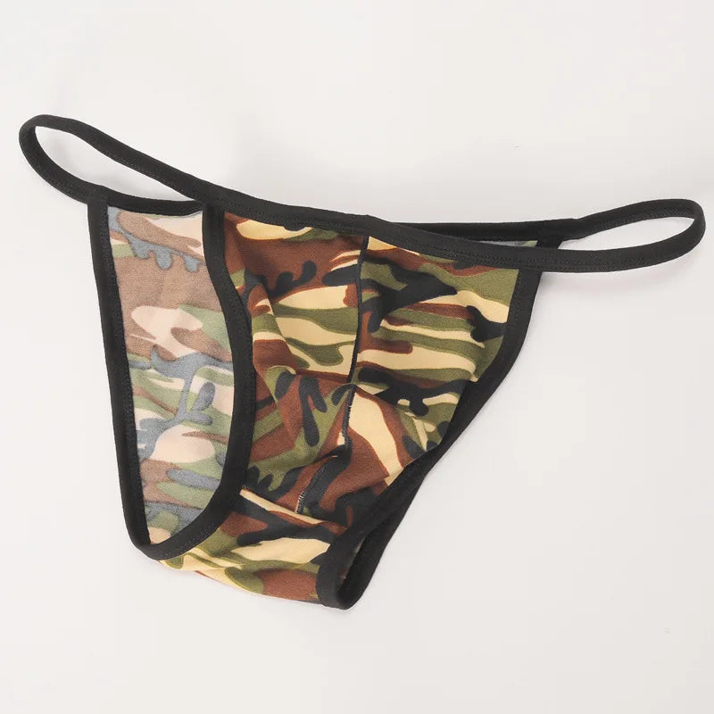 Army Green/Orange Men\'s Sexy Camo Gstring Briefs, Cotton Blends, Lingerie Bikini Underwear Panties TBack, Fashionable Design