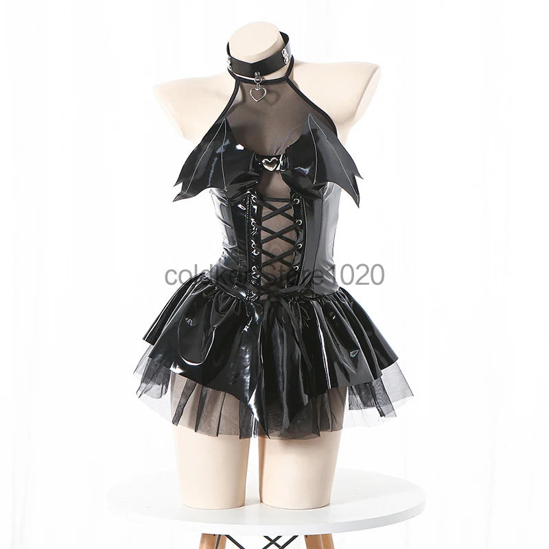 Kawaii Evil Demon Cosplay Costume Black Red Pu Leather Shiny Bat Wings Sexy Lingerie Uniform Dress Halloween Costumes For Women