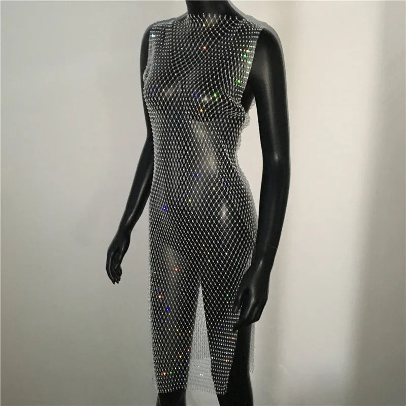 Shiny Diamonds Mesh Hollow Out Dress Rhinestone Sleeveless Fishnet Bodycon Dress Women Rave Party Dress Nightclub Outwear