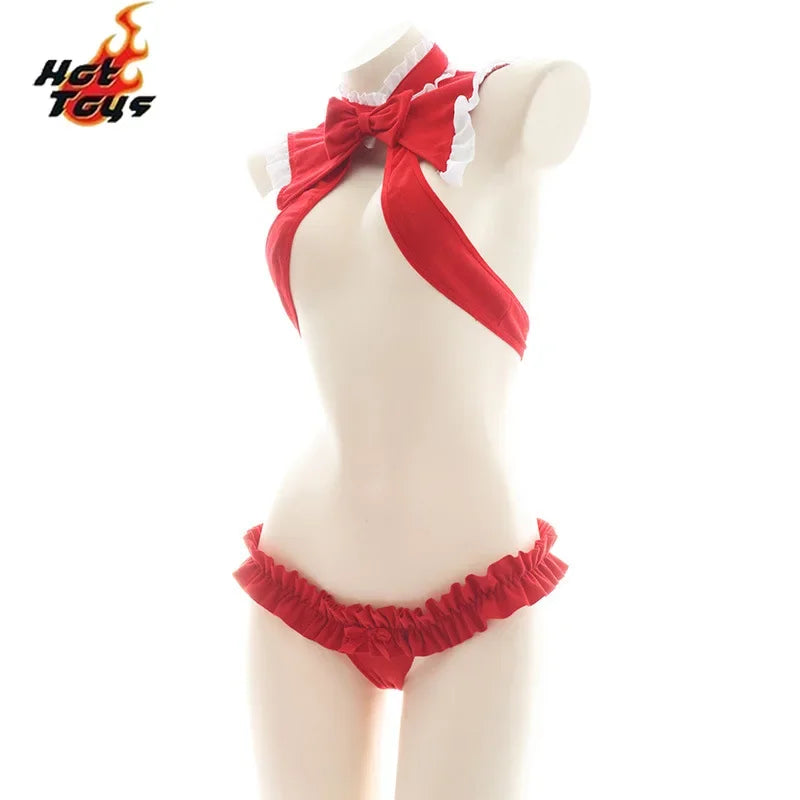 Sexy Red Santa Christmas Lingerie costume Cute hollow out bimini Bownot Underwear Pajamas Christmas Lingerie Cosplay Bra Set