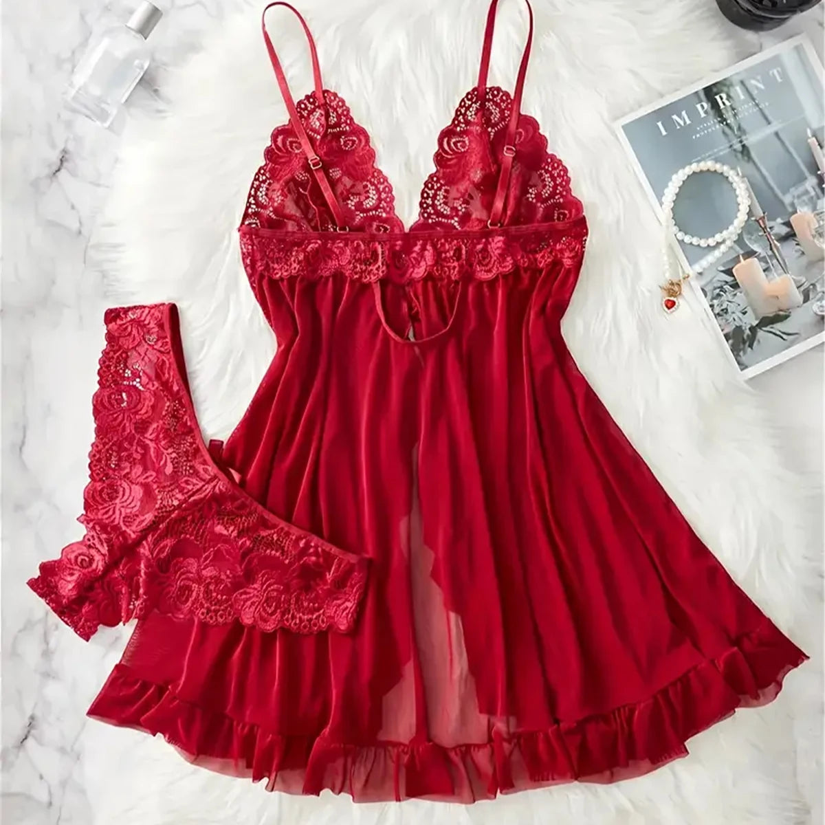 Transparent Red Sexy Lingerie Dress Women's Underwear See Through Sleepwear Lace Nightdress And Panty Sets Deep V-neck Pajamas