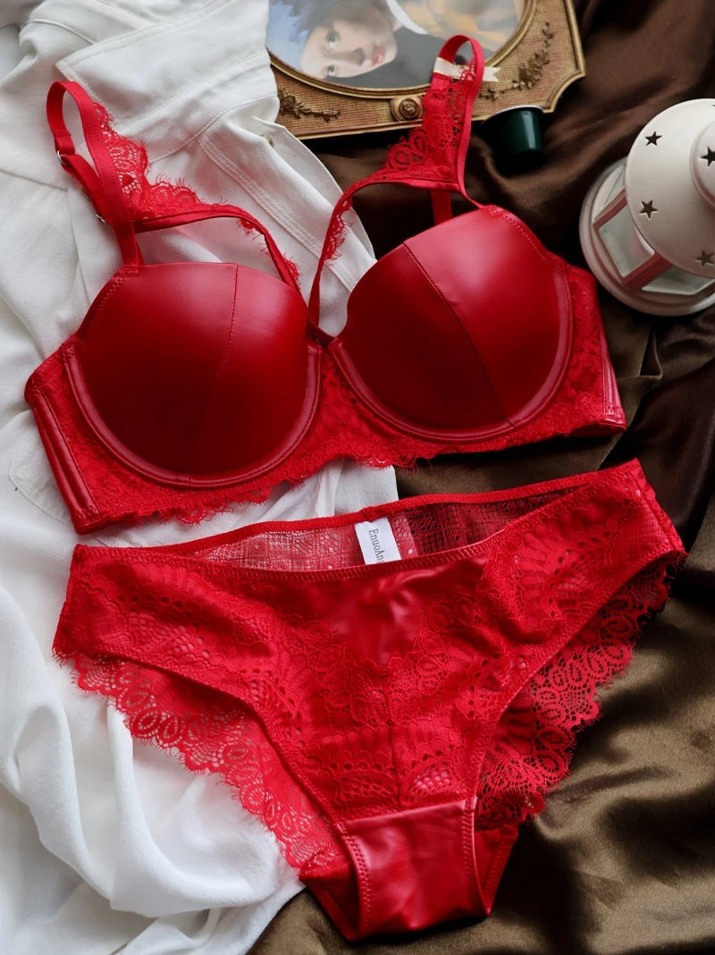 Red Pu leather bra underpants sexy hollow large size underwire glossy lingerie set upper thin lower thick bralette briefs set