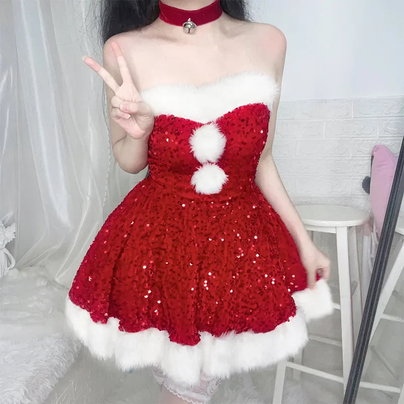 2024 Christmas Dress Sexy Pink Red Sequins Lingerie Dress Bunny Girl Off Shoulder Anime Santa Claus Princess Cosplay Costumes
