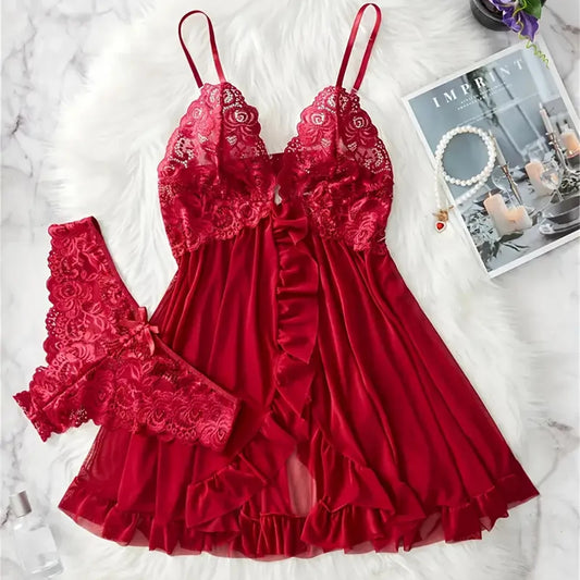 Transparent Red Sexy Lingerie Dress Women's Underwear See Through Sleepwear Lace Nightdress And Panty Sets Deep V-neck Pajamas