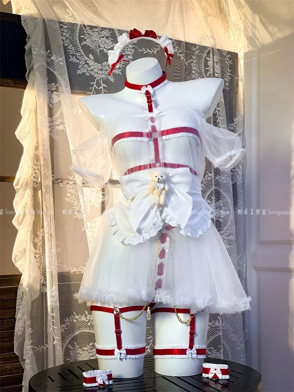 Strawberry maid cosplay costume women sexy red black lingerie pink maid dress babydoll sexy lingerie tie mesh dress