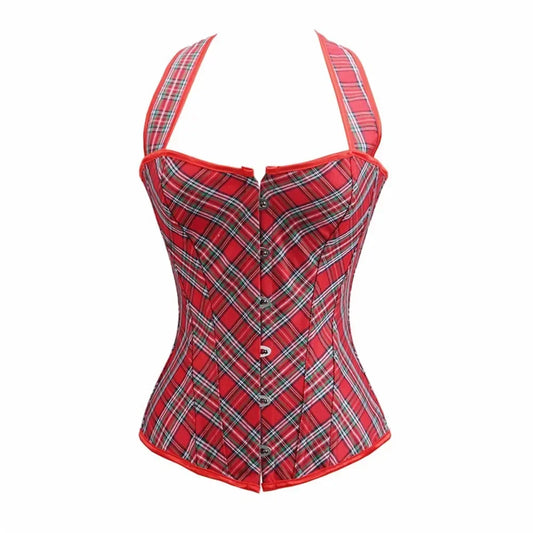Gothic Corset woman Vintage Red Plaid Halter корсет Corselet top Punk Sexy Lace-Up Body Shaper Overbust Bustiers Lingerie