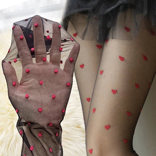 Red Heart Print Stockings Women Sweet Thigh High Pantyhose Lingerie Sexy Ultra Thin Hosiery JK Lolita Transparent  Love Tights