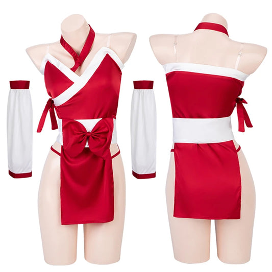 Anime Game Ninja Cosplay Uniform Costumes For Women Girl Sexy Red Big Bow Kimono Dress Outfit Lingerie