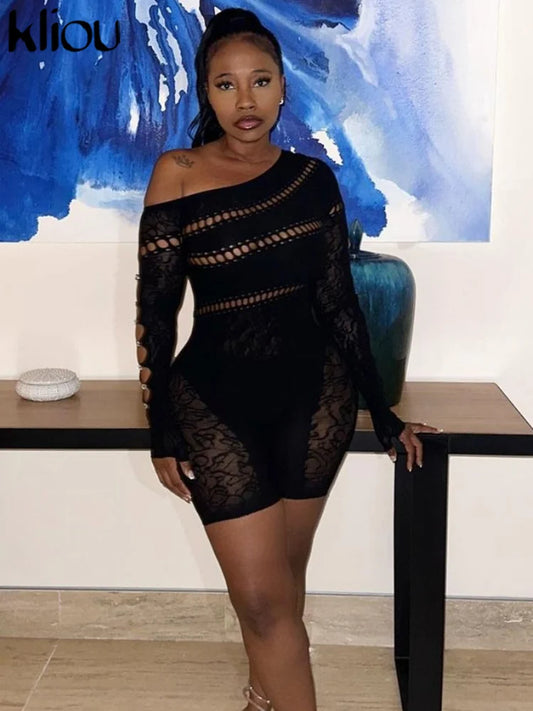 Kliou Party Style Stockings Lingerie Women Sexy Sheer Diamond Decorative Cut Out Sleeve Outfits Skinny Solid Inside Female Wear