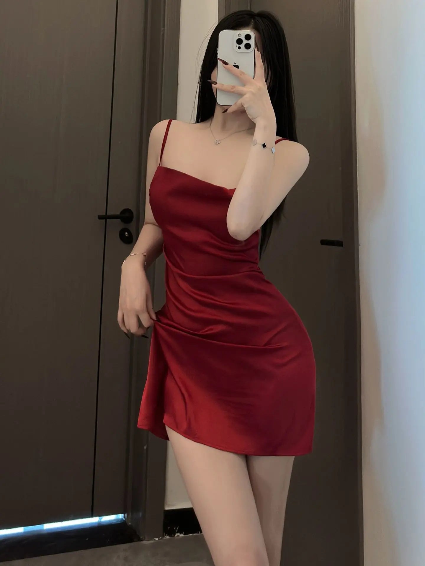 Tiktok sexy lingerie sexy suspender pyjamas silk slip pile collar pajamas dress elegant Solid color versatile Appear thin JGQ4