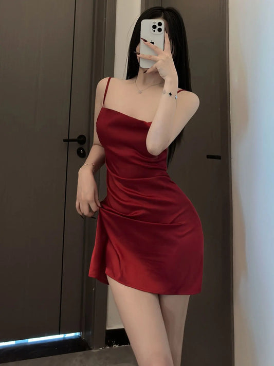 Tiktok sexy lingerie sexy suspender pyjamas silk slip pile collar pajamas dress elegant Solid color versatile Appear thin JGQ4