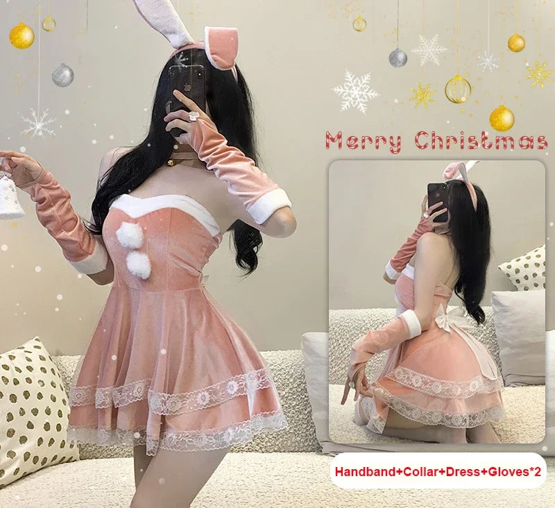 Christmas red woman dress sweet bunny girl costume rabbit woman set bunny suit sexy lingeries Lady cosplay New Year maid uniform