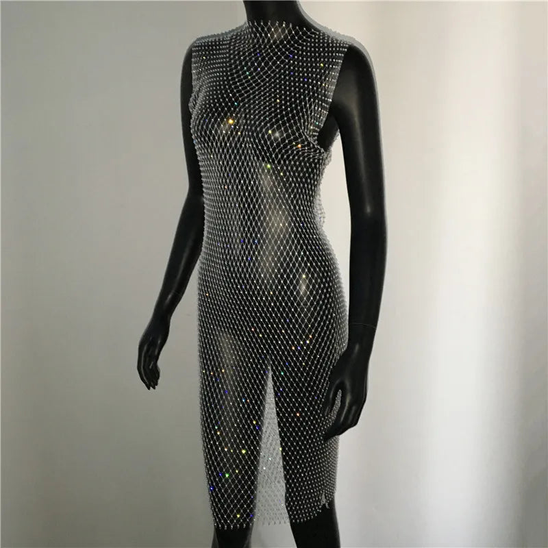 Shiny Diamonds Mesh Hollow Out Dress Rhinestone Sleeveless Fishnet Bodycon Dress Women Rave Party Dress Nightclub Outwear