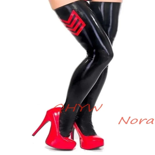 Latex Stockings with Red Sexy Lingerie Women Girl Handmade Socks Customize Size