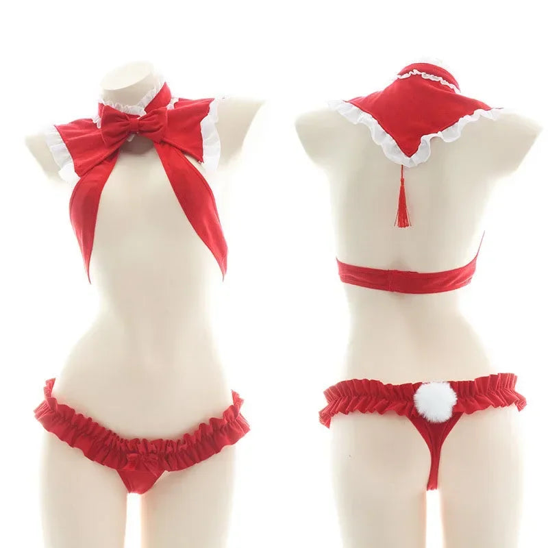 Sexy Red Santa Christmas Lingerie costume Cute hollow out bimini Bownot Underwear Pajamas Christmas Lingerie Cosplay Bra Set