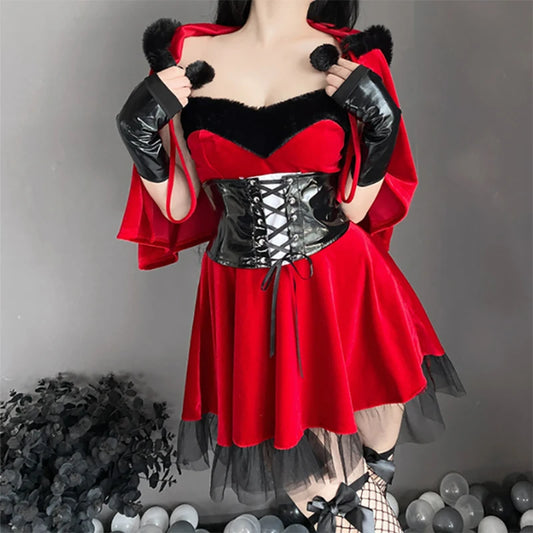 Sexy Lingerie Set For Adult Christmas Costume Women Red Dress Cloak Cosplay Fairy Goddess Skirt Lady Shawl Hooded Cape Party