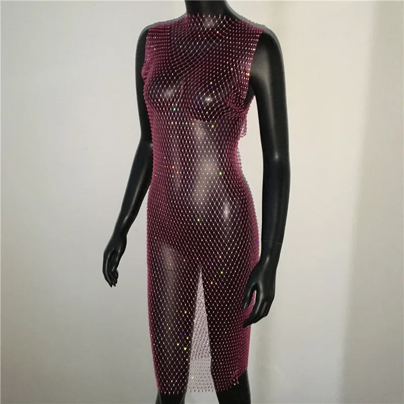 Shiny Diamonds Mesh Hollow Out Dress Rhinestone Sleeveless Fishnet Bodycon Dress Women Rave Party Dress Nightclub Outwear