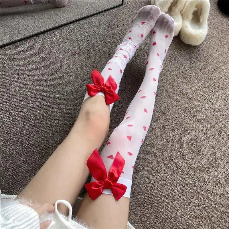Heart Print Stockings Women Red Bow Knee High Socks Thigh High Stockings Sexy Lingerie Thigh High Socks Stocking Christmas Gifts
