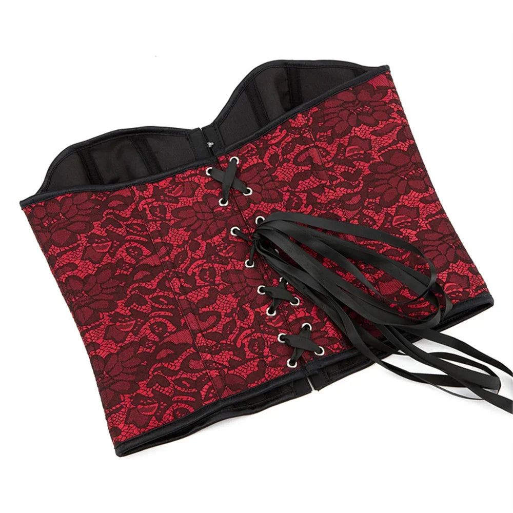 Women Overbust Corset Lace Flower Wine Red Sexy Lingerie Slimming Shaper Gothic Bustiers Crop Tops
