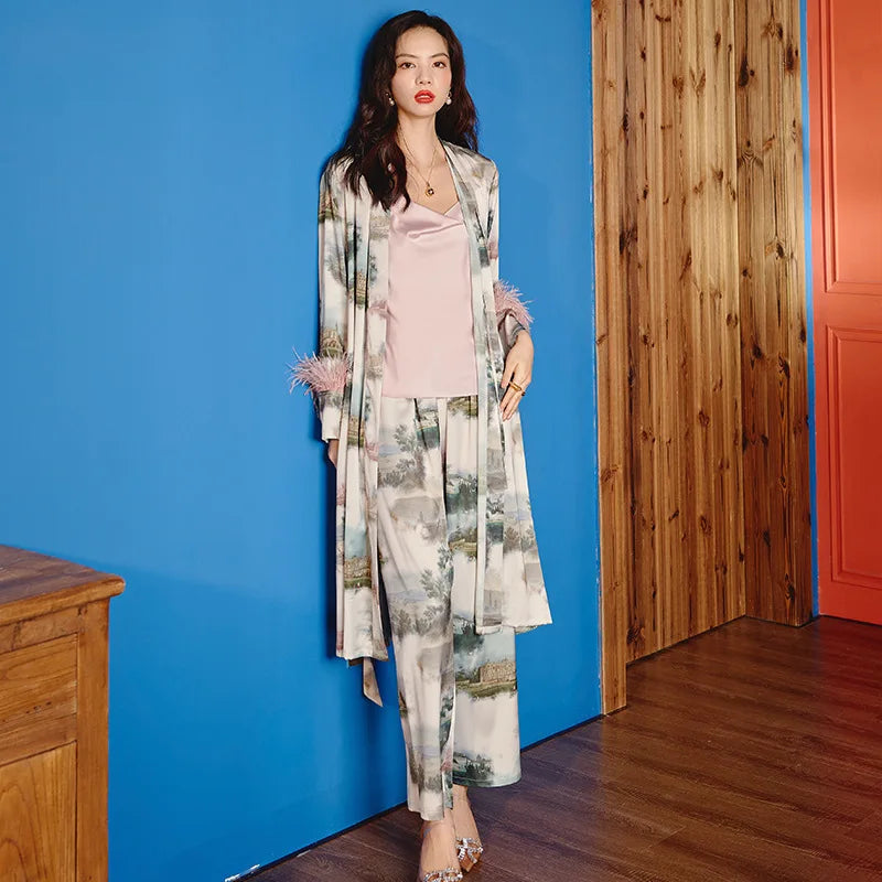 Women Long Nightgown red Bathrobe Gown Elegant Feather Sleeve Sleepwear Rayon Kimono Robe Set Loungewear Intimate Lingerie