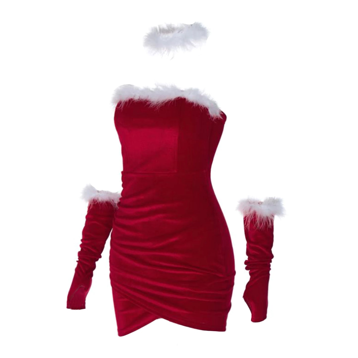 Women Christmas Red Lingerie Plush Patchwork Strapless Tube Dress Christmas Party Cosplay Costume with Arm Sleeve and Choker