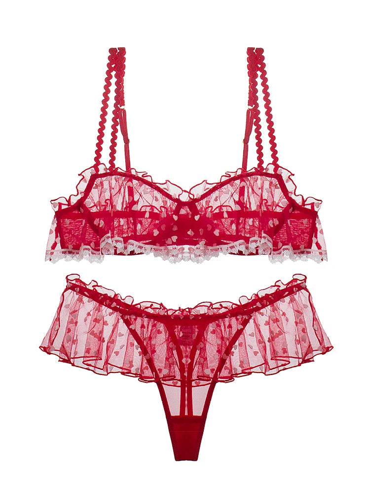 Teenage love underwear new embroidery sexy lingerie set of thin bras red dot women bra with underpants suit lace bralette