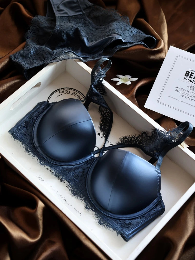 Red Pu leather bra underpants sexy hollow large size underwire glossy lingerie set upper thin lower thick bralette briefs set