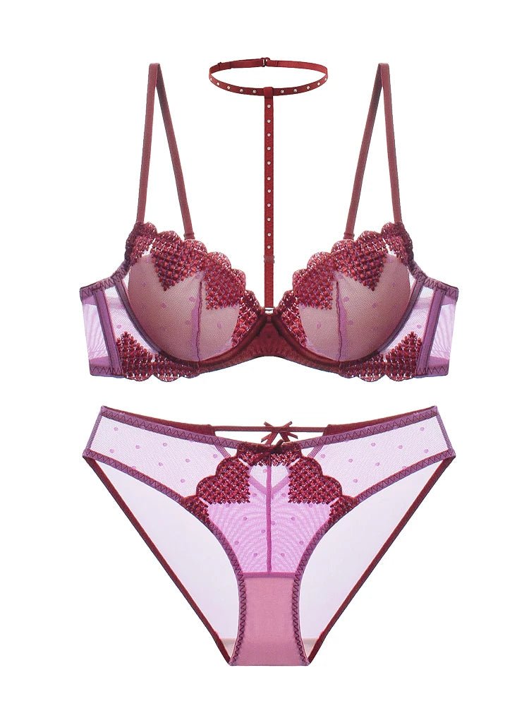 Red love neck lingerie underwear women with steel ring bra set  push up ladies bras large size