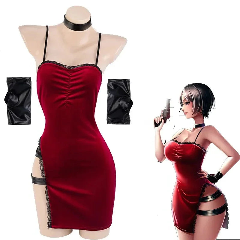 Sexy Lingerie Movie Heroine Secret Service Spy Dress Hollow out Cheongsam Uniform Halloween Women Red Outfits Cosplay Costume