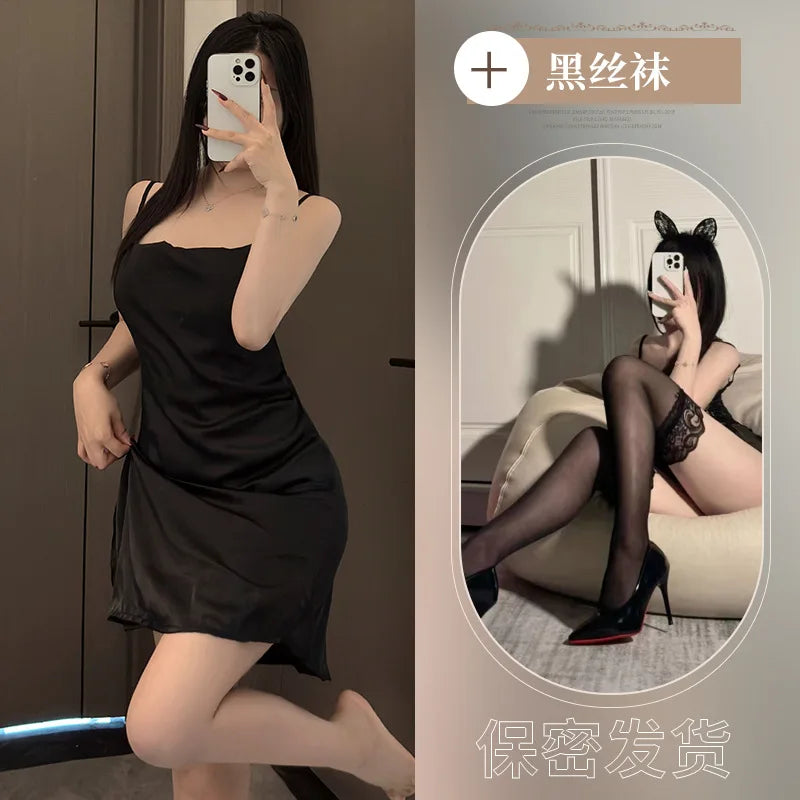 Tiktok sexy lingerie sexy suspender pyjamas silk slip pile collar pajamas dress elegant Solid color versatile Appear thin JGQ4