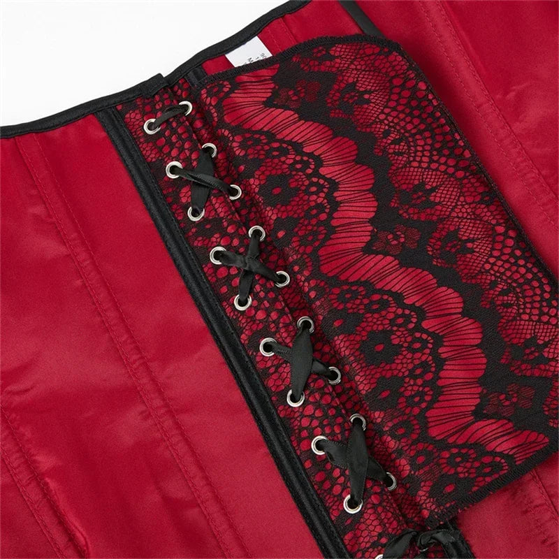 Women Sexy Deep Red Satin Lace Flower Decoration Overbust Corset Retro Body Shaper Lingerie Bustier Tops
