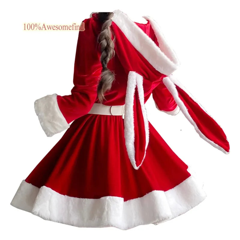 2024 Women Christmas Xmas Lady Santa Claus cosplay costume sexy lingerie winter long sleeve red dress maid bunny girl uniform