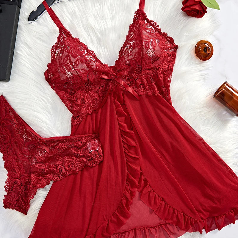 Red Transparent Sexy Lingerie Women's Underwear See Through Sleepwear Lace Nightdress Panty Pijamas Sets Hot Female Night Dress