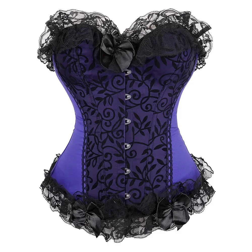 Red Corset Top Plus Size Bustier Flower Lace UP Overbust Corselet Burlesque Sexy Lingerie Costume Renissance Women Pink