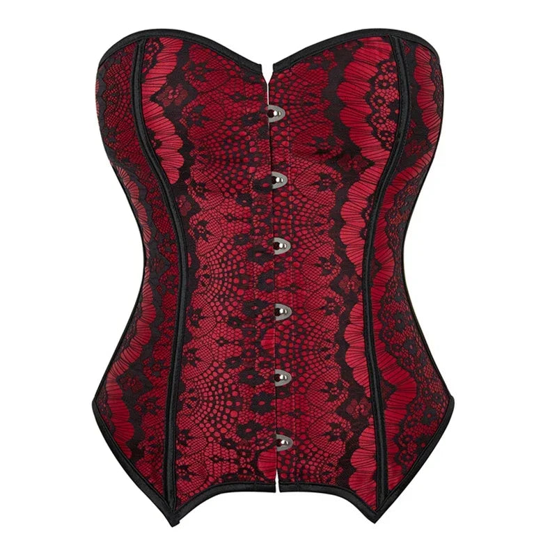 Women Sexy Deep Red Satin Lace Flower Decoration Overbust Corset Retro Body Shaper Lingerie Bustier Tops