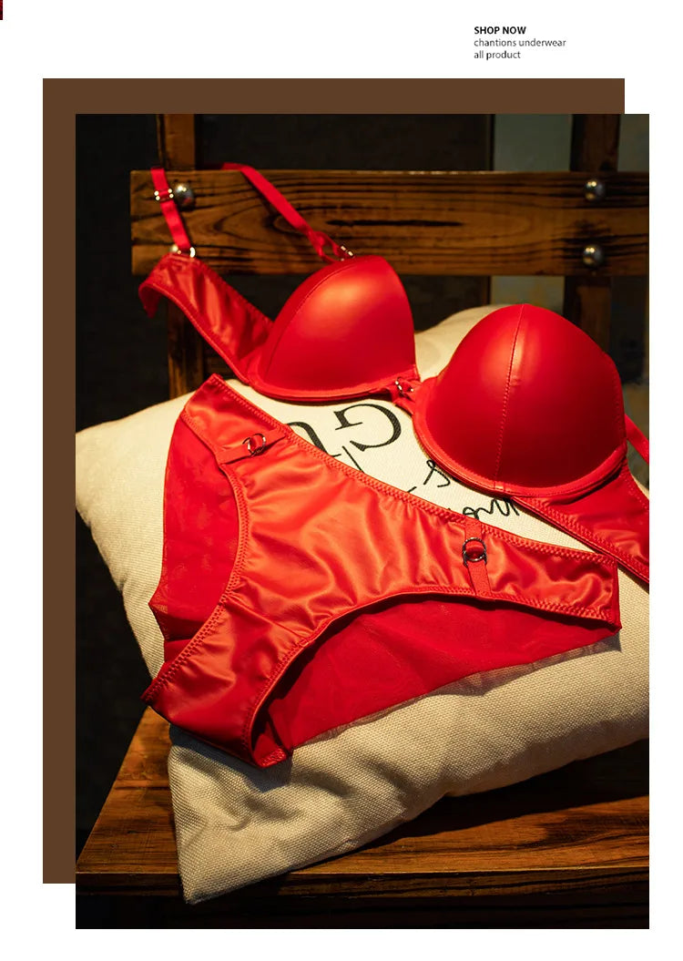 Red Pu leather bra underpants sexy hollow large size underwire glossy lingerie set upper thin lower thick bralette briefs set