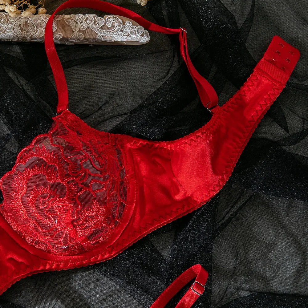 Embroidery Lingerie Set Women 2-Piece Bra + Panty Underwear Set Red Valentine's Day Intimates