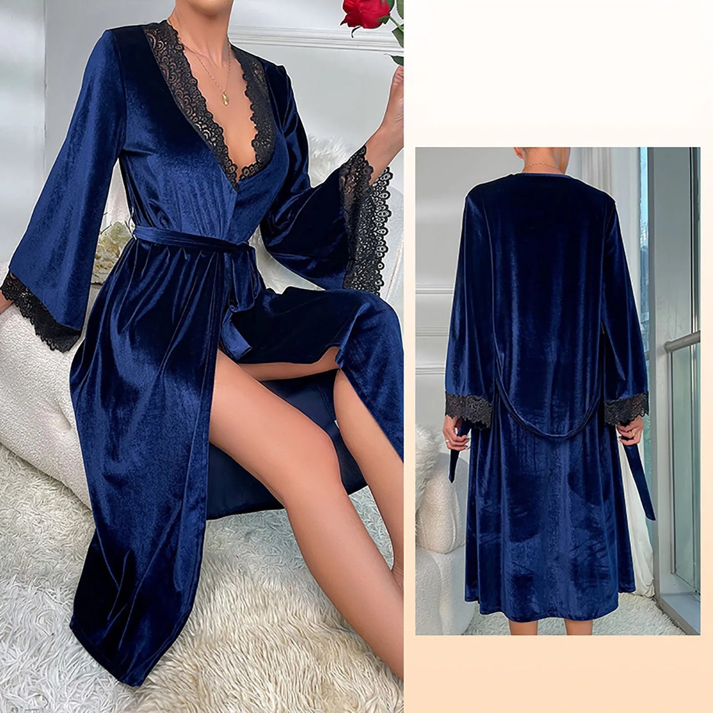 Women Sexy Lace V-Neck Bathrobe Nightdress With Belt Black White Red Long Sleeve Pajamas Robes Lingerie Sleepwear Nightgowns