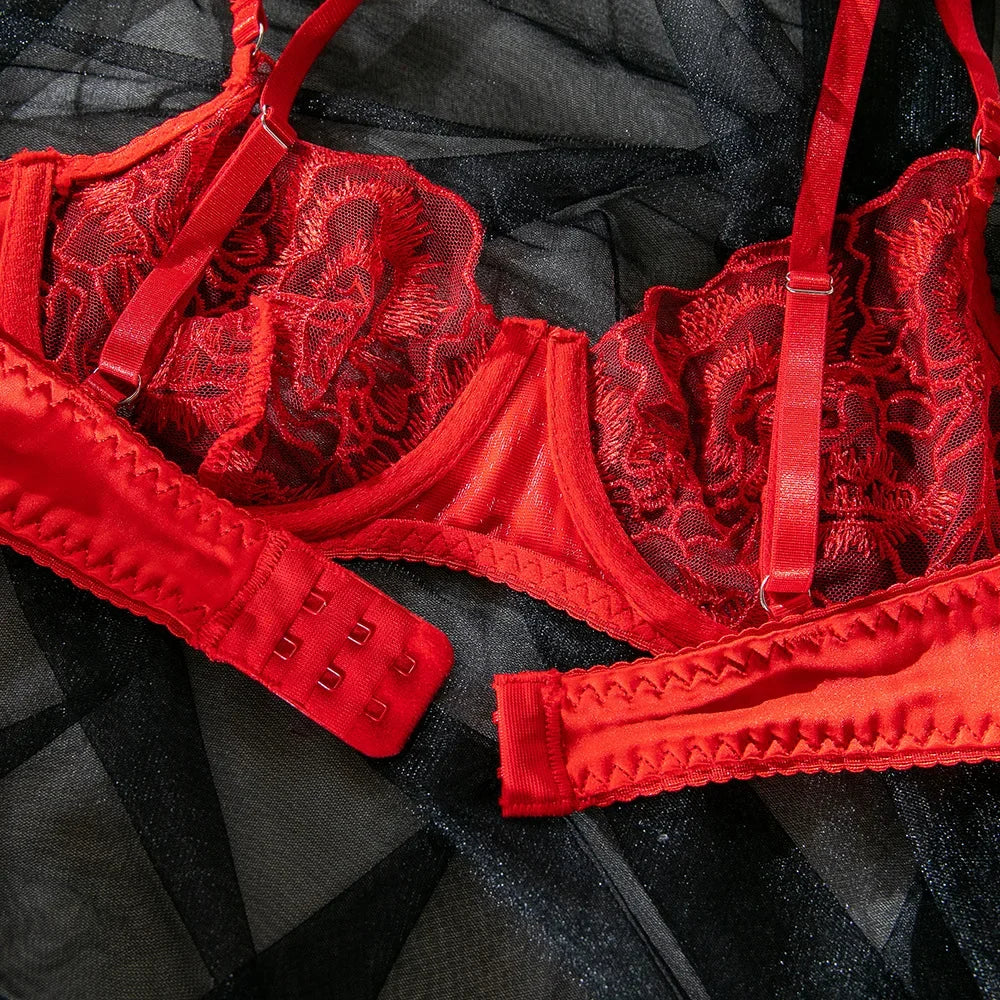 Embroidery Lingerie Set Women 2-Piece Bra + Panty Underwear Set Red Valentine's Day Intimates
