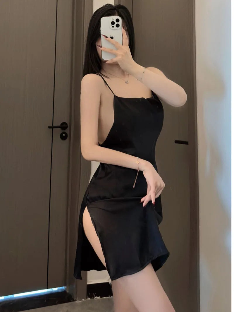 Tiktok sexy lingerie sexy suspender pyjamas silk slip pile collar pajamas dress elegant Solid color versatile Appear thin JGQ4