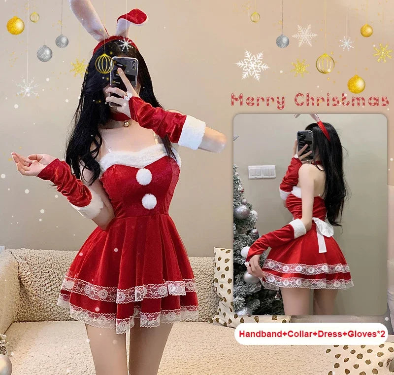 Christmas red woman dress sweet bunny girl costume rabbit woman set bunny suit sexy lingeries Lady cosplay New Year maid uniform