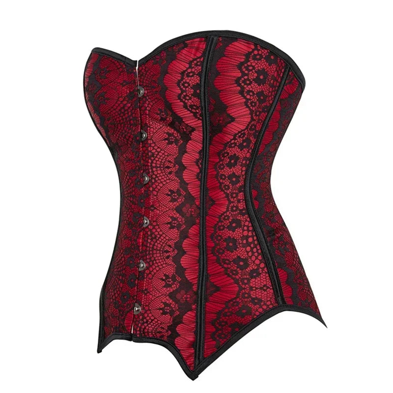 Women Sexy Deep Red Satin Lace Flower Decoration Overbust Corset Retro Body Shaper Lingerie Bustier Tops